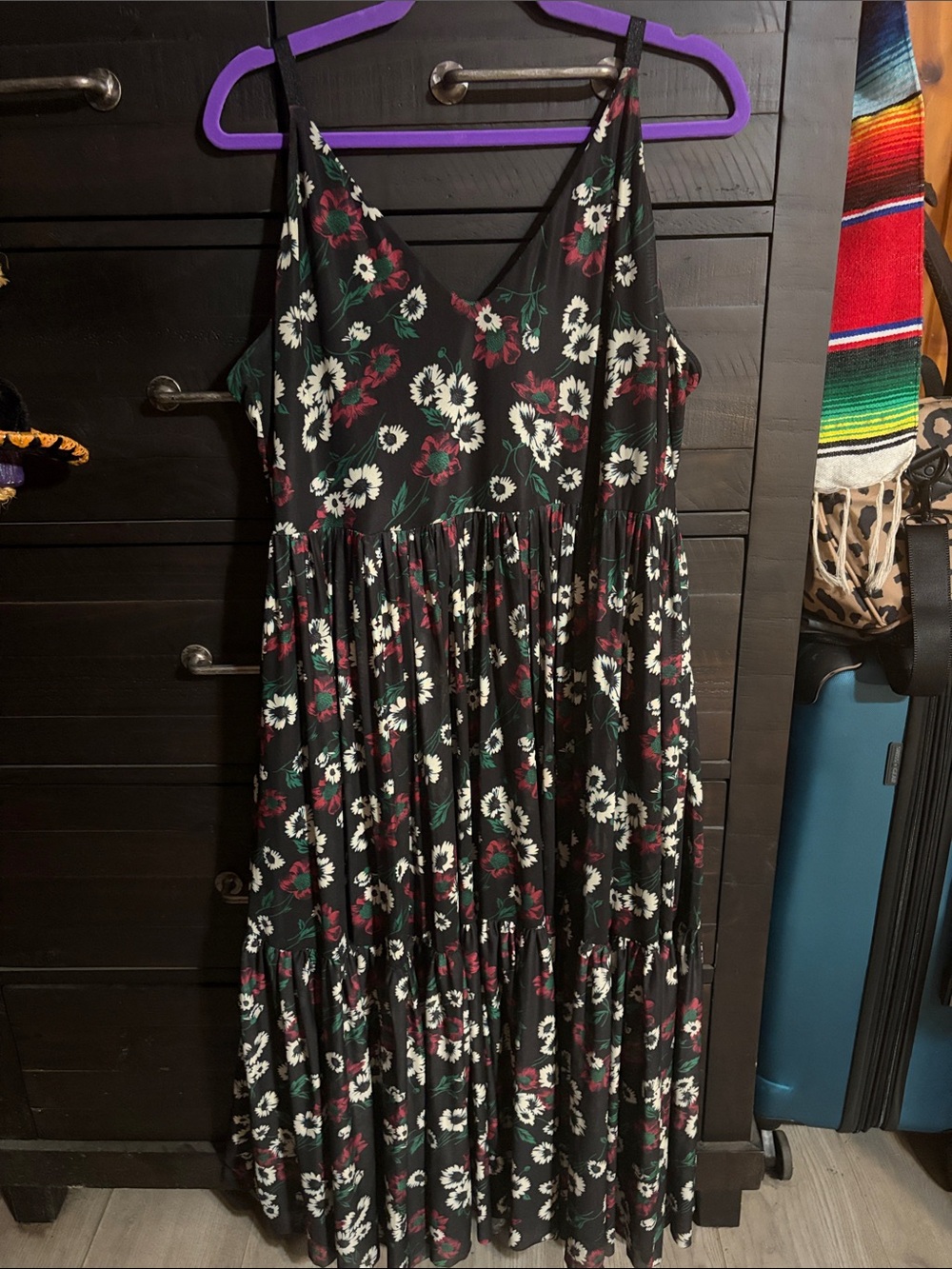 Blackmilk Floral Sheer Midi  Dress in Black with White & Burgundy Flowers